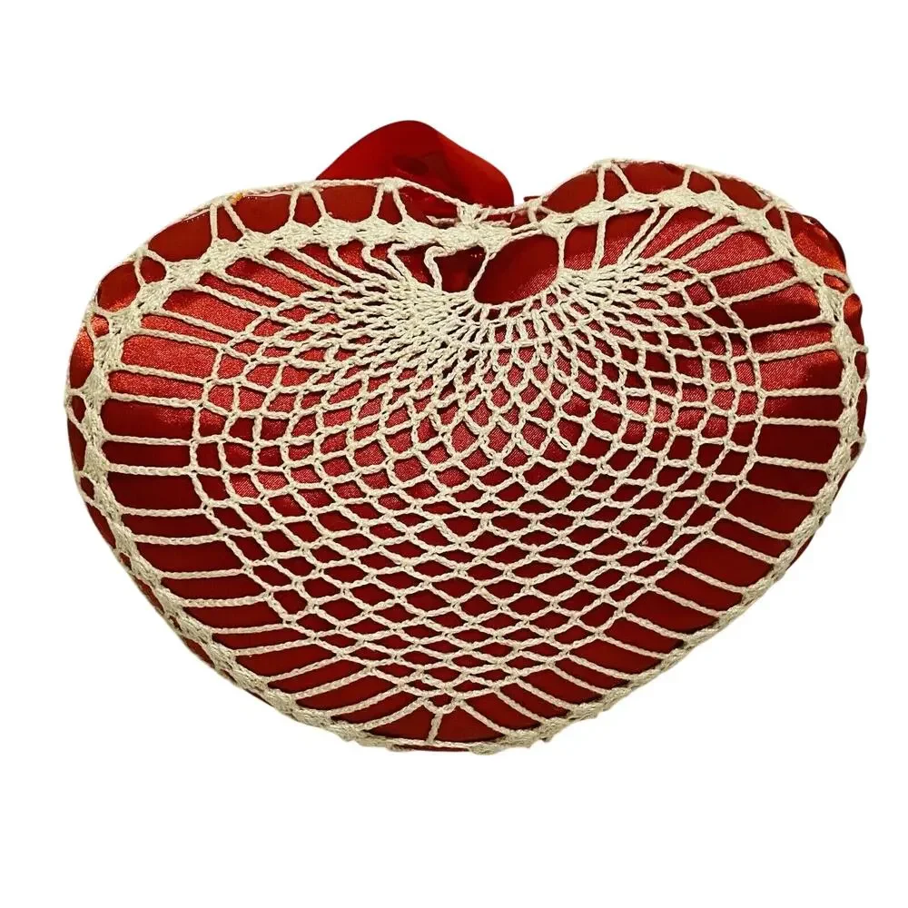 Vintage Heart Shaped Toss Pillow Red Satin Ribbons & White Crochet Caged Romance